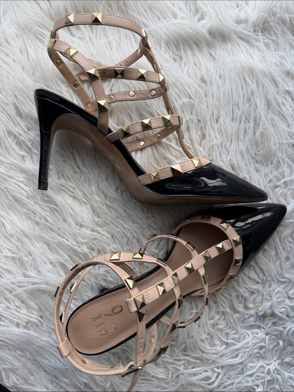 Designer inspired Studded Cage Heels | Black Patent + Nude